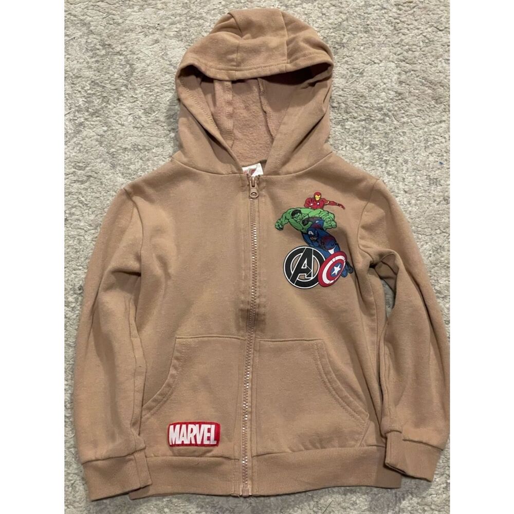 Marvel Avengers Kids Tan Hooded Zip-Up Sweatshirt & Metallic Accent (Size: 5)